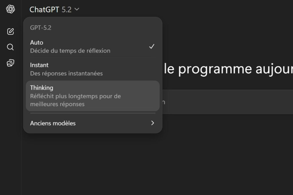 GPT-5.2 : Le modèle est actuellement disponible pour les utilisateurs des formules payantes. © Capture BDM
