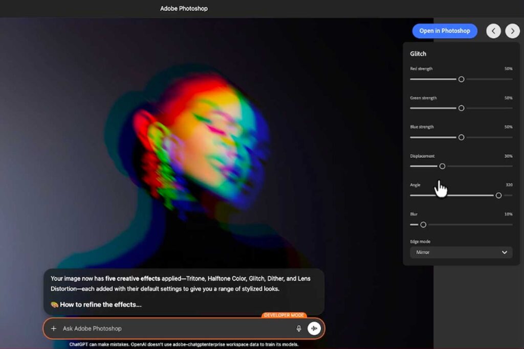 Photoshop express et nombre de ses fonctionnalités débarquent gratuitement dans ChatGPT. © Adobe
